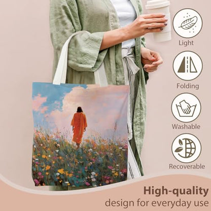 kunlisa Christian Tote Bag for Women, Christian Gifts for Women Faith Canvas Tote Bag - color: Jesus Was Among the Flowers