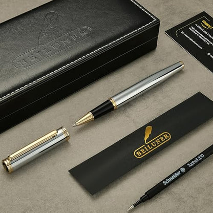 BEILUNER Luxury Rollerball Pen, Stunning Silver Chrome with 24K Gold Finish,Noble and Elegant Designs,Schneider Ink Refill, Best Gift Pen for Men & Women, Professional, Executive Office, Fancy Pens - color: ,Silver Chrome and Gold