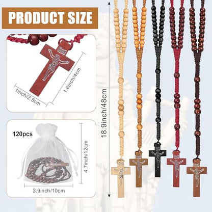 120 Set Wooden Rosary Beads Bulk Wood Catholic Rosaries Jesus Holy Cross First Communion Wood Carved Rosary with Organza Bags Religious Rosaries Catholic Baptism Church Present for Men Women Supplies