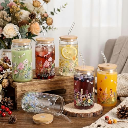 Glass Cups with Lids and Straws, 6Pack, 16oz, Wildflower - style: Wildflower