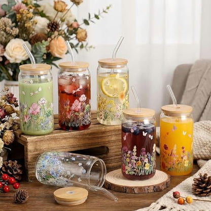 Glass Cups with Lids and Straws, 6Pack, 16oz, Wildflower - style: Wildflower