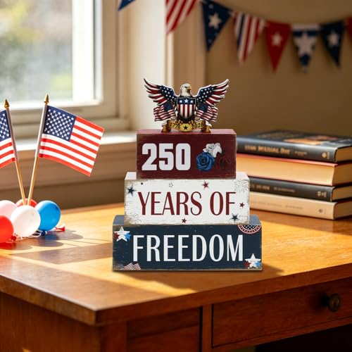 4 Pcs 250th Anniversary 4th of July Table Decorations Eagle Patriotic Wooden Block Signs Memorial Day Tiered Tray Decor Red White Blue Table Centerpieces Independence Day Decorations for Home Office Shelf - style: Eagle