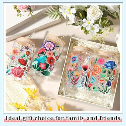 Mumufy 4 Pack Mexican Flower Glass Cup, 16 oz Tumbler Mug with Bamboo Lid - style: Mexican Flower