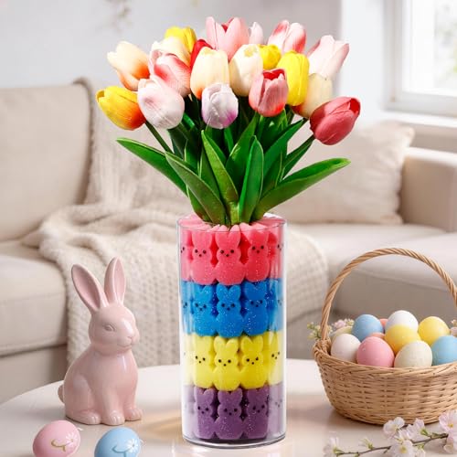 ALFEVA Easter Decorations-Vase in Vase and 44 Peeps Bunnies Filler, Easter vaseset Ready to Display，Spring Decorations for Home Table (No Flowers - size: 3.9"/2.1" Vase&Bunny No Flowers