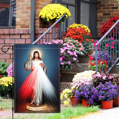 Divine Mercy Jesus Garden Flag Christian Sacred Heart of Jesus Amercian Flags for Outside 12x18 Double Sided Faith Over Fear Flag Outdoor House Yard Easter Decorations Religious Garden Flag