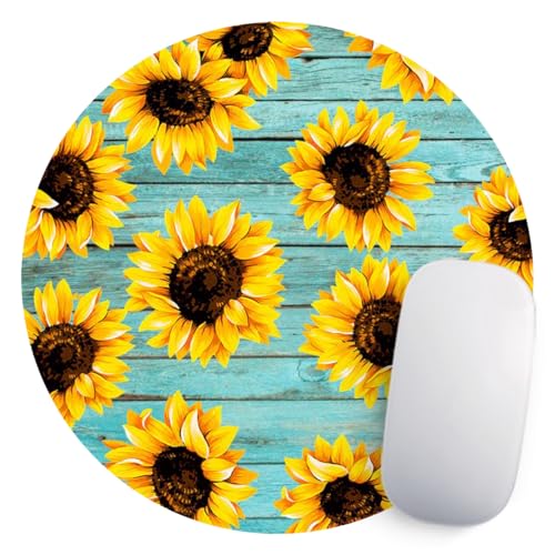 Sunflower Mouse Pad for Computers & Laptop, Non-Slip Rubber Round Mousepad, Teal Wooden - color: Sunflower