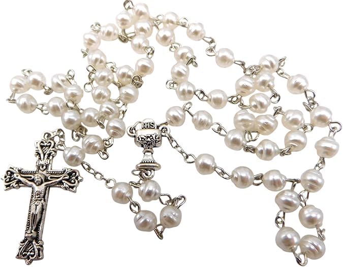 Westmon Works Girl's First Communion Rosary Glass Beads Metal Chalice and Crucifix with Holy Card Deluxe Boxed Gift Set