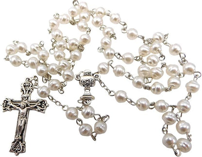 Westmon Works Girl's First Communion Rosary Glass Beads Metal Chalice and Crucifix with Holy Card Deluxe Boxed Gift Set