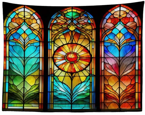 Loccor Gothic Stained Glass Window Tapestry Vintage Church Cathedral Colorful Stained Glass Window Wall Hanging Tapestry for Religion Kid Adult Home Bedroom Living Room Decor 140''x98'' - size: 98" x 140"