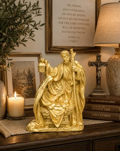 Holy Family Nativity Statue Resin Christmas Tabletop Decor Metallic Gold Religious Figurine for Mantel Shelf Centerpiece Christian Home Decorations 12" x 9"