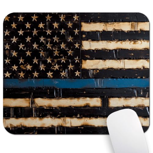 Thin Blue Line American Pride Flag Mouse Pad, Rustic Burnt Wood Desk Mat - color: Blue Line