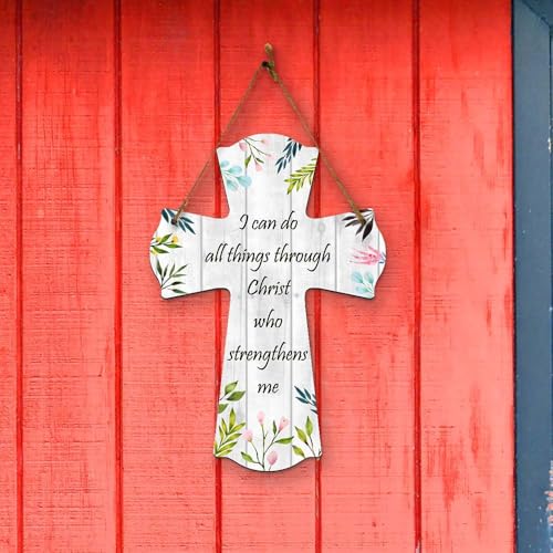 I can do all things through Christ who strengthens me Cross Hanging Sign | Rustic Twine | Inspiring Religious Bible Decor - color: I Ca Do All Things Through Christ