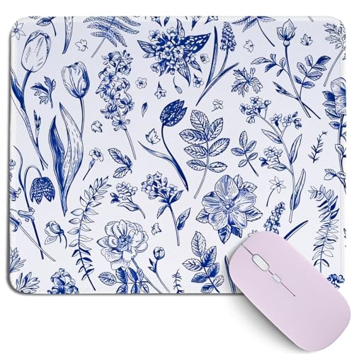 Retro Blue and White Flower Mouse Pad,Summer Plants Floral Desk Mat for Computers Laptop,Vintage Chinoiserie Floral Desk Decor for Office Home Dorm, 10.2x8.2Inch - color: Blue Floral