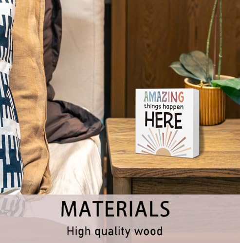 Inspirational Boho Wooden Box Sign, Boho Classroom Decor, Amazing Things Happen Here Positive Motivational Wood Signs for Home Classroom Playroom Nursery Desk Table Shelf Decoration, 5x5 Inch - color: Amazing Things