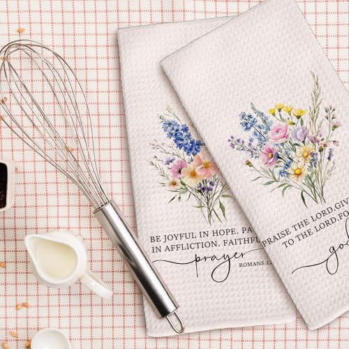 Christian Floral Kitchen Towels, Bible Verse Wildflower Decorative Tea and Dish Towels, Christian Gifts for Women Faith, Religious Decor Hand Towel for Bathroom, 16x24 Inch Set of 2
