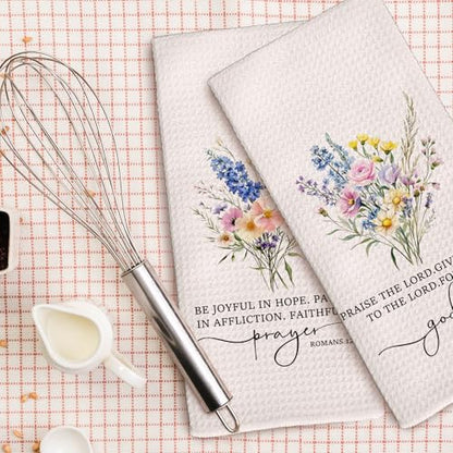 Christian Floral Kitchen Towels, Bible Verse Wildflower Decorative Tea and Dish Towels, Christian Gifts for Women Faith, Religious Decor Hand Towel for Bathroom, 16x24 Inch Set of 2