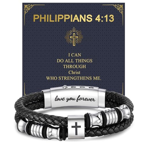 Men's Leather Cross Bracelet - Silver Double Row Braided Leather Cross Bracelet for Men with Inspirational Bible Verse Card, Faith Christian Religious Gift for Husband Son on Baptism Easter Birthday - color: PHILIPPIANS 4:13