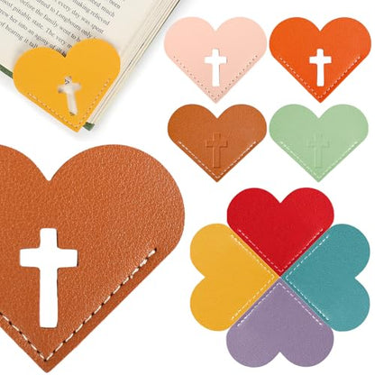 8 Pcs Leather Heart Bookmarks with Cross Design, Christian Gifts for Women, Book Accessories and Gifts for Church or Book Club(Cut-Out) - style: Cut-out