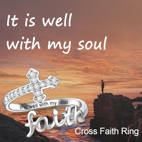 Helonley Cross Faith Ring for Women - 925 Sterling Silver Inspiration Rings - style: It is Well With My Soul