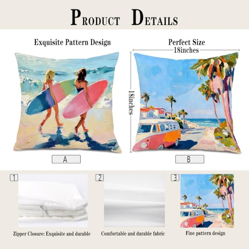 Coastal Beach Surf Throw Pillow Covers 18x18 Set of 2 - color: Colour -Aa