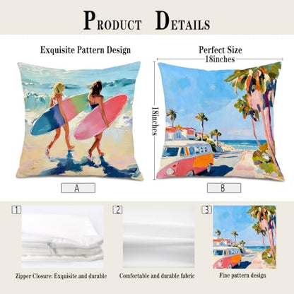 Coastal Beach Surf Throw Pillow Covers 18x18 Set of 2 - color: Colour -Aa