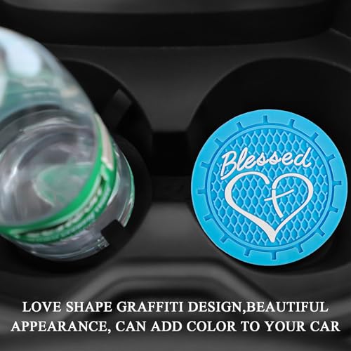 KVAEY 2 PCS Car Cup Holder Coasters, 2.76 Inch Anti Slip Vehicle Drink Mats with Cute Blessed Cross and Heart, Shockproof, Universal Car Accessories (Sky Blue, 4 PCS) - color: Sky Blue, size: 4 PCS