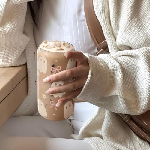 SANDJEST Halloween 16oz Can Glass Tumbler with Acrylic Lid & Straw, Iced Coffee Cup for Women Girls, Aesthetic Cups Gifts for Party - color: Boo
