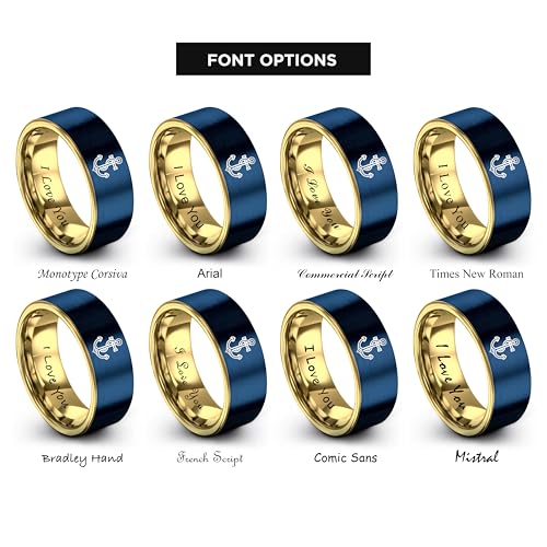 Gift for Nautical Fan - Anchor With Rope Ring - Men Women - Tungsten - Flat Dome Bevel - Band - Yellow Gold Black Silver Blue - Anniversary Wedding - 8mm - Brushed Polished - Personalized Custom Engra - color: 14 - Yellow Gold Blue Tungsten