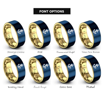 Gift for Nautical Fan - Anchor With Rope Ring - Men Women - Tungsten - Flat Dome Bevel - Band - Yellow Gold Black Silver Blue - Anniversary Wedding - 8mm - Brushed Polished - Personalized Custom Engra - color: 14 - Yellow Gold Blue Tungsten