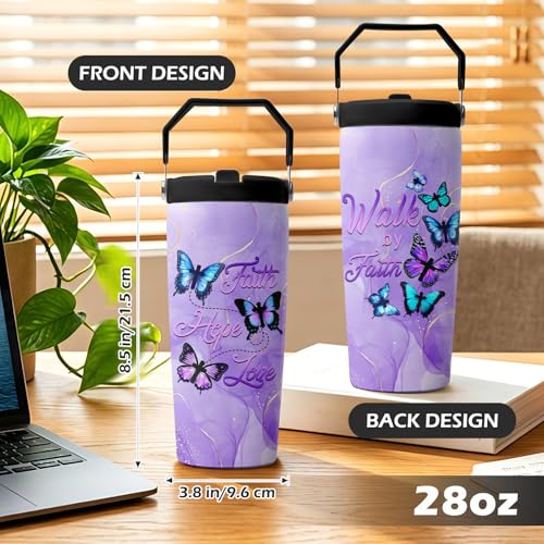 Hiboss Christian Gifts for Women Faith, Butterfly Tumbler with Handle and Flip Straw 28oz, Insulated Stainless Steel Travel Cup Mug, Inspirational Religious Birthday Gift for Her - color: Butterfly - 01
