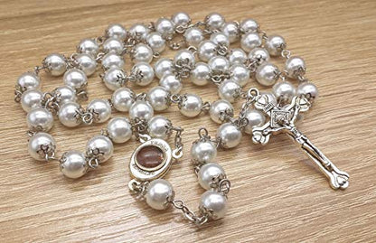 Nazareth Store Wedding White Pearl Beads Rosary Handcrafted Prayer Necklace with Holy Soil Medal and Jesus Cross Crucifix - size: Large (Pack of 2)
