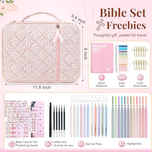 Bible Cover for Women Bible Case Large Bag Study Supplies Journaling Kit Book Carrying Case with Highlighters Christian Gifts for Women - color: Pink Ditsy Jumbo Pack, size: Upgraded Set
