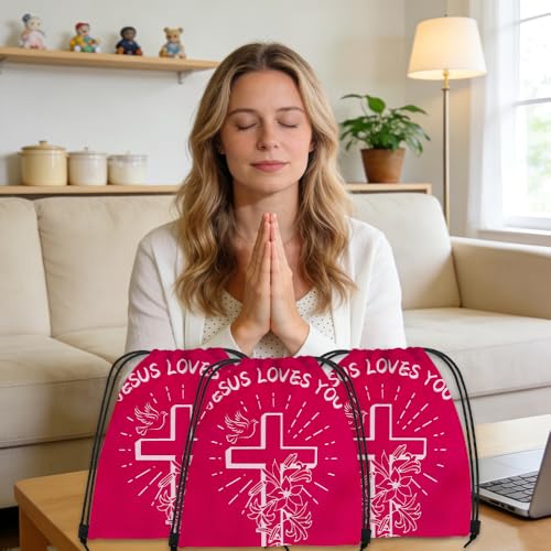 12 Pcs Christian Drawstring Bags Religious Drawstring Backpack Jesus Loves You Easter Church Gifts Christian Religious Gifts Bags School Easter Religious Gift Bible Verse Party Favors