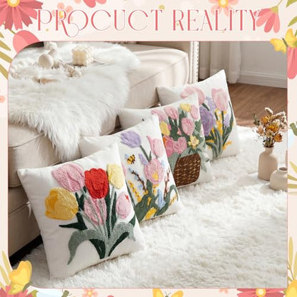 Mixweer 4 Pcs Mother‘s Day Gift Tulip Pillow Covers Set, 18 x 18 Inch Embroidered Spring Pillow Cases, Tulip Flowers Spring Style Square Throw Cushion Cover for Couch Sofa Bed Home Decoration - style: Tulip