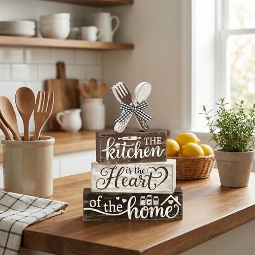 Britimes Tiered Tray Decor Set, 4 Pack, Wooden Table Sign, Farmhouse Heart - style: Kitchen