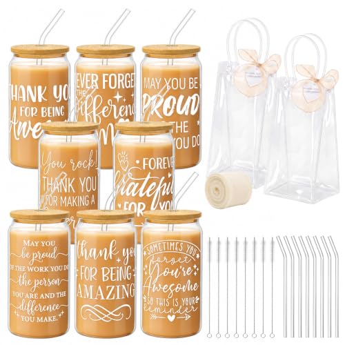 Iced Coffee Mugs, 8 Sets, Glass, 16 oz, Reusable, Inspirational - color: Inspirational Quotes