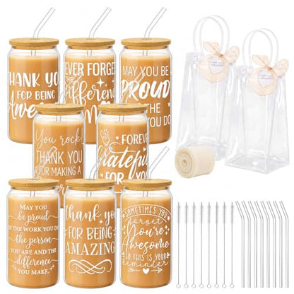 Iced Coffee Mugs, 8 Sets, Glass, 16 oz, Reusable, Inspirational - color: Inspirational Quotes