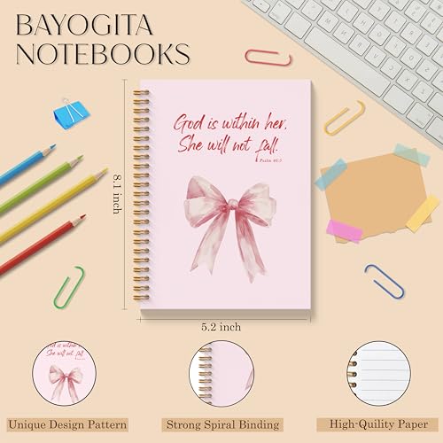 Pink Coquette Bow Christian Spiral Notebooks, God is Within Her She Will Not Fall Bible Journal, Religious Prayer Journal for Woman, Coquette Girly Office Supplies, 5.5x8.3 Inches - color: Coquette Bow Bible