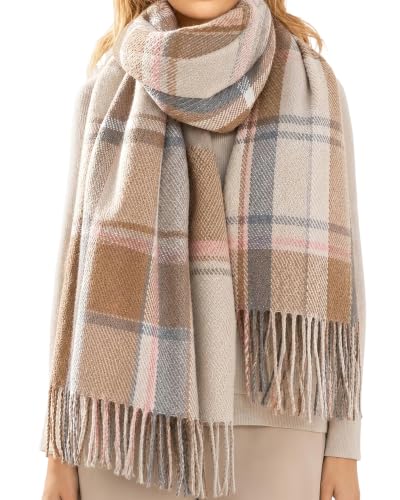 Loritta Winter Scarf for Women, Long Plaid Shawl Wraps Scarves Gifts - color: E-brown Beige Lattice