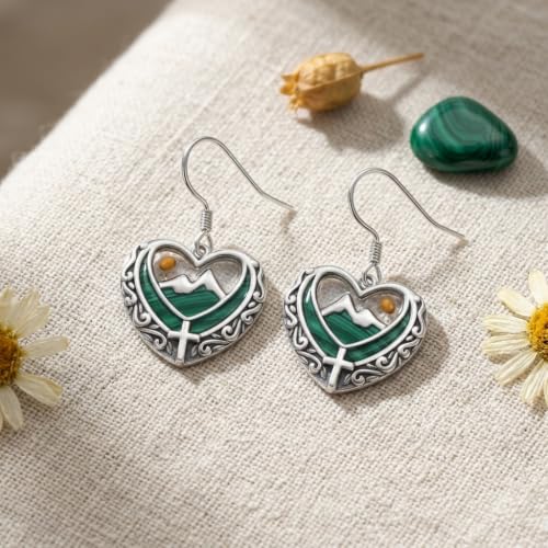 AOBOCO 925 Silver Mustard Seed Cross Heart Dangle Drop Earrings Women - color: Silver-Malachite