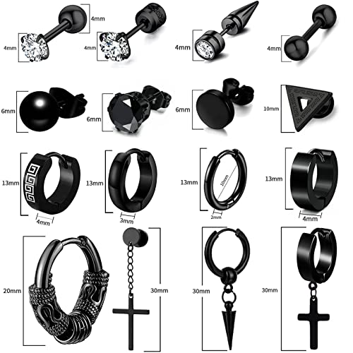 16 Pairs Men Earrings Set -Stainless Steel Cross Dangle Hoop & Ear Stud Fashion Piercing Jewelry for Birthdays, Parties & More (Black)