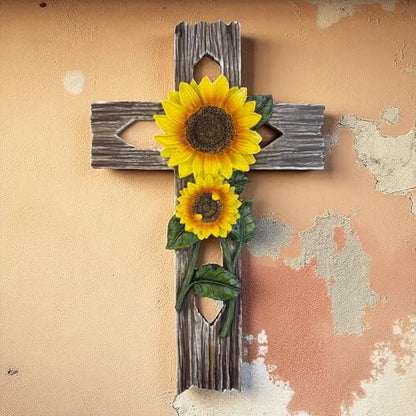 Top Brass Rustic Sunflower Wall Cross – 12” Inspirational Christian Home Décor with Sunflowers & Weathered Wood-Look Finish – Decorative Resin Garden Art