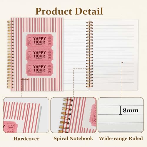 SAFDSGFDB Pink Striped Preppy Notebook Journal 5.5x8.3, Trendy Girly Yappy Hour Ticket Aesthetic Spiral Hardcover Journal Notebook for Work Study Office Note Taking - color: Stripe pink