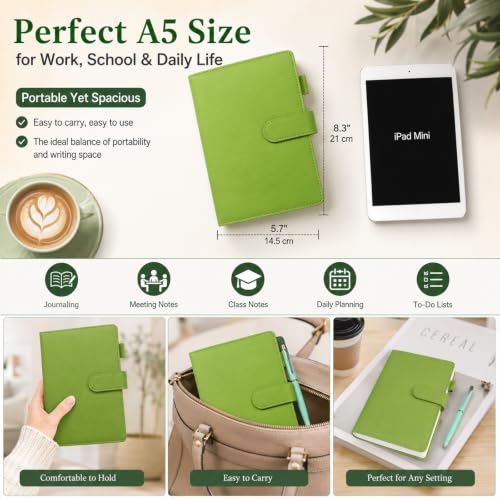 A5 Leather Journal for Women Men, Hardcover Notebook Set with Pen, green - color: green