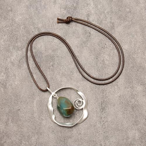 Leather Necklace for Women Long Boho Pendant Hippie Choker Necklace Bohemian Layered Leather Rope Wooden Jewelry Gifts - style: Turquoise Stone Necklace