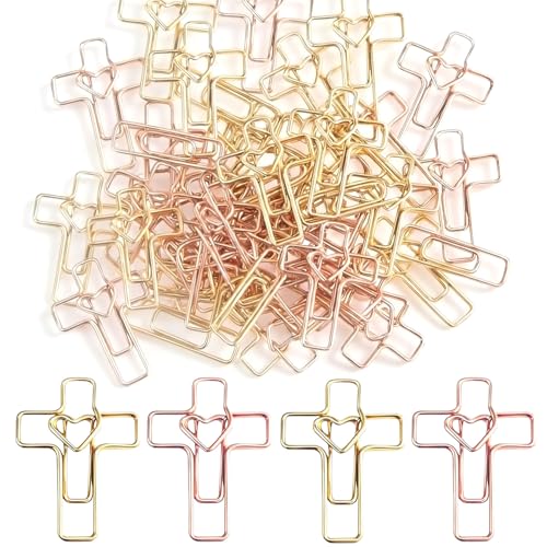 100 PCS Heart Cross Paper Clips for Bible Study Supplies,Christian Gifts,Jesus Bible Stuff Bookmark journaling Supplies Accessories, Easter Eggs fillers, Teacher Gifts (Gold and Rose) - color: Gold and Rose