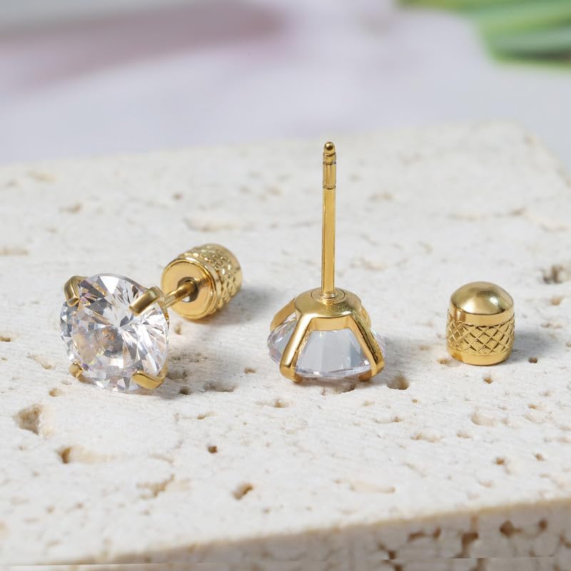 Titanium Earrings Push-in Threadless Flat Back Stud Earrings for Women Men, Cartilage Earring Hypoallergenic Cubic Zirconia Earrings Studs for Helix Tragus Piercing Jewelry - color: Gold-8mm