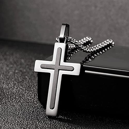 Holizaly Men's Cross Necklace 316L Stainless Steel Pendant White/Gold/Black/Blue Rolo Chain-Gift Box Included - color: black
