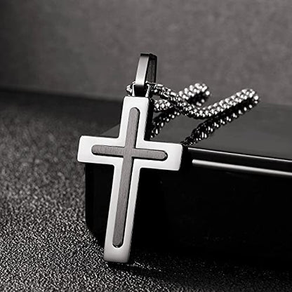 Holizaly Men's Cross Necklace 316L Stainless Steel Pendant White/Gold/Black/Blue Rolo Chain-Gift Box Included - color: black