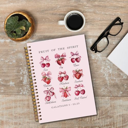 JINYO Coquette Pink Bow Cherry Strawberry Christian Notebook, Fruit of the Spirit Bible Notebook, Prayer Journal for Woman, Church Notes Journal, Scripture Spiral Notebooks 5.5x8.3 Inch（Pink） - color: white Cherry Strawberry Notebook